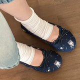 MQTIME  -  Comfort Leather Slip on Flats Cartoon Blue Print Bow Knot Detail Classic Mary Jane Ballet Shoes Outdoor Casual Dress Footwear