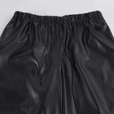  MQTIME  -  Women's Black Faux Leather Wide Leg Culotte Pants Low Waisted With Drawstring Punk Loose Fit Autumn Winter Streetwear Style Chic
