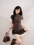  MQTIME  -  Vintage Preppy Stand Neck Short Sleeve Single Breasted Plaid Y2k Women Shirt