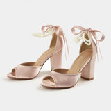 MQTIME  -  New High Heels Women's Thick Heel Sandals Versatile Ribbon Bow Pearl Belt Sandals.