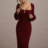 MQTIME  -  Sexy Stylish Lantern Sleeve Wrap Hips Dress Elegant Solid Color High Waist Party Dress Lady Commute Simple Lace Up Maxi Dresses