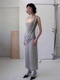 MQTIME  -  Grey Large U-Neck Pure Cotton Dress For Women, Casual And Comfortable, With Irregular Waistband And Slimming Long Skirt