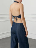  MQTIME  -  Women Dark Denim 2 Piece Set Halter V Neck Rivet Trim Draped Cowl Top High Waist Wide Leg Pleated Long Trousers Matching Outfit