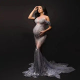 MQTIME  -  New Arrivals Elegant Shiny Rhinestones Off Shoulder Sexy Maternity Shoot Dress Sequin Fishtail Robe De Soiree