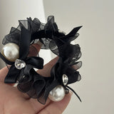 Mqtime Woman Heart Rhinestone Pearl Elastic Hair band Black Gauze Hair Ties Rubber Band Scrunchies Hair Ring Rope Girls Hair Accessorie
