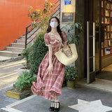 MQTIME  -   Vintage Plaid Dress Sweet Simple Square Neck Ruffled Edge Skirt Summer New Dresses for Women 2024 Vestidos Para Mujer