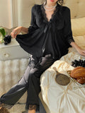 MQTIME  -  Spring New Lace Pajamas Suit Princess Style Nightwear  Rayon Stain Solid Long Sleeve Deep V-Neck Home Clothes