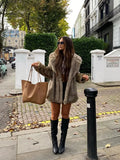 MQTIME - Fashion Faux Fur Mid Length Coat Women Lapel Long Sleeve Fluffy Plush Thicken Warm Jacket 2024 Fashion Lady Loose Street Outwear