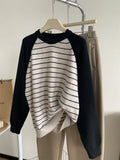 MQTIME  -  Striped Round Neck Knitted Sweater For Women Loose  Casual Simple Raglan Sleeves Tops