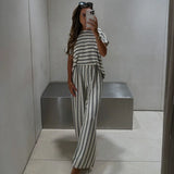 MQTIME  -  Loose Striped Set 2 Piece Woman Loose Round Neck Short Batwing Sleeve Pullover High Waist Long Trousers Casual Lady Suit Summer