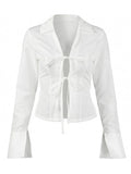  MQTIME  -  Y2k Solid Lace-up Slim-waist Turn Down Collar Long Sleeve Temperament All Match  Women Shirt