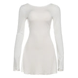 MQTIME  -  Women Solid Ruffles Ribbed A-line Mini Dress Autumn Sexy Backless O Neck Full Sleeve Slim Casual Streetwear Night Clubwear