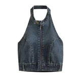 MQTIME  -  2024 Summer New Product Women's Vintage Personalized Denim Tank Top with Hanging Neck Slim Fit Top