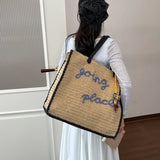  MQTIME  -  Women Large Capacity Hand Woven Straw Tote Bag Top Handles Simple Letter Embroidery Summer Beach Travel Shopping Handbag