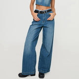 MQTIME  -  Women's Spring Summer Jeans with Pockets Fashion Loose Fit Casual Solid Low Rise Wide Leg Denim Pants Vintage Streetwear