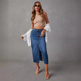 MQTIME  -  Slim Fit Midi Denim Skirts High Waist Sexy Split Denim Bottoms Women's Autumn Cotton Plain Skirts Retro Style Skirt
