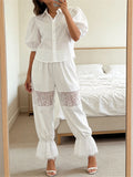  MQTIME  -  Womens Lace Patchwork Bloomers Casual Fit Stylish Low Rise Loose Flare Long Pants Lounge Trousers