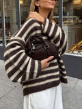 MQTIME  -  Autumn Winter New Fur Soft Button Jumpers Vintage Stripe Print Long Sleeve Cardigans Elegant V-neck Women's Commute Sweater Coat