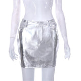 MQTIME  - Metallic Gilding PU Leather Mini Pencil Skirts Women Summer High Waist Button Fly Pockets Shiny Y2K Skirt All Matching Petticoat