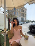 MQTIME  -  Elegant Solid Color Off-shoulder Mini Dress Women Fashion One Shoulder Pleated Short Dresses Summer New Daily Dating Gowns