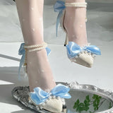 MQTIME  -  White Blue High Heels for Women Party Shoes Wedding Heels Y2K Shoes Bow Pearl Shoes for Women Elegant Women's Heeled Shoes