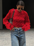 MQTIME  -  Tassel Long Sleeve Sweater For Women's 2024 Winter Slim O Neck Short Pullover Autumn Street Red Trendy Slim Knit Sweater