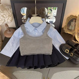 MQTIME  -  Girls' Clothing Set Girls' Autumn Knitted Vest+Striped Shirt+Pleated Skirt 3Pcs Set Fashion Student Clothing School Uniform