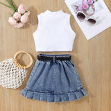 MQTIME  -  2Piece Sets Summer Kids Clothes Girl Fashion Cotton Sleeveless Black Baby Tops+Denim Skirt Children Boutique Clothing BC1091