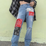 MQTIME  -  New Fashion Streetwear Bandana Patchwork Denim Pants Hole Ripped Jeans Women Fashion High Waist Jeans Straight Trousers