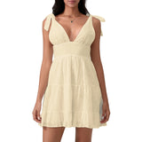 MQTIME  -  Women Summer White Dress Bow Lacing Strap V-Neck Hollow Eyelet Ruffle Hem A-Line Short Cami Dresses