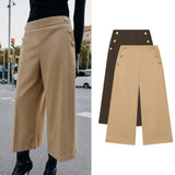 MQTIME  -  Women Fashion Vintage Wide Leg Pants Spring Autumn New Female High Waist Button Decoration Ankle Length Chic Pants Lady Trousers