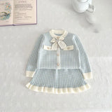 MQTIME  -  Spring Autumn Children's Clothing Set 1-5Y Girls Plaid Knitted Sweater and Skirt 2Pcs Trendy Girls Bow Cardigan Outfit