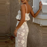 MQTIME  -  Lace embroidery fresh and sweet perspective vacation style set summer casual camisole top and long skirt two-piece set