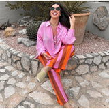  MQTIME  -  Color Vertical Stripe Women Wide Leg Pants Elastic Drawstring Waist Bead Pendant Lightweight Sheer Loose Full Length Casual Pant