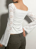 MQTIME  -  Elegant Temperament Solid Lace Patchwork V Neck Flare Sleeve Lace-up Sexy Women's T-shirts
