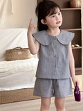  MQTIME  -  New Summer Baby Girls Striped Sets Peter Pan Collar Tops Shorts 2pcs Korean Style Toddlers Kids Chic Outfits