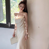 MQTIME  -  Summer Temperament Luxury White Suspender Dress Women Sleeveless Sexy Solid Tassel Slim Fit A Line Vestidos New Fashion