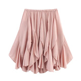 MQTIME  -  Women Ruffled Mini Skirts Solid Color Summer Chic Streetwear High Waist Elastic Asymmetric Hem Skirts Female Slim Mesh Skirts
