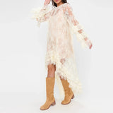  MQTIME  -  Embroidery Lace See-through Ruffle Irregular Dress Women Spring O Neck Hem Long Dress Elegant Long Sleeve Party Maxi Dress Mujer