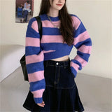 MQTIME  -  Batwing Sleeve Knitwear Sexy Fashion Women Turtleneck Sweater Pink and Purple Striped Hole Cropped Pullover Sweaters Oversized