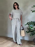 MQTIME  -  Loose Striped Set 2 Piece Woman Loose Round Neck Short Batwing Sleeve Pullover High Waist Long Trousers Casual Lady Suit Summer