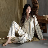 MQTIME  -  Women Spring Autumn and Winter Pure Cotton Long-sleeved Striped Lace Lapel High-end Light Luxury Loungewear Set Comfort