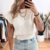 MQTIME  -  Casual Commuter Sweater Shirt Blouses 2024 Summer Short Sleeved Solid Color Knitted Tops Women's O-neck Jacquard Slim Pullover