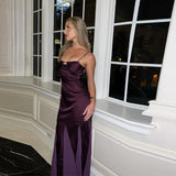 MQTIME  -  Elegant Purple Satin Strap Maxi Dress Women Sexy Backless Sleeveless High Waist Luxury Slim Fit Long Dress Party Evening Gowns