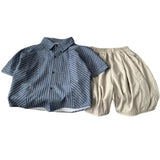 MQTIME  -  Boys' Suit Spring and Summer New Childrens Wear Korean Boy Baby Striped Short-sleeved Lapel Shirt Loose Shorts Two Sets