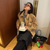  MQTIME  -  Retro Solid Suede Bomber Jacket Women Street Lapel Single Breasted Full Sleeves Zipper Pockets Coat Female Autumn Casual Outwear