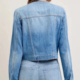 MQTIME  -  Autumn New Women's Slim Fit Short Style Collarless Long Sleeved Denim Jacket with Multiple Pockets Workwear Jacket