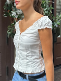MQTIME  -  Women T-shirt Preppy Button Down Blouse Tops Y2k Vintage Cap Sleeve 00s Aesthetic Fairy Frill V Neck Crop Tops Milkmaid Vest