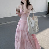 MQTIME  -  Two-piece Suit Women's Pink Gentle Suspender Dress Women's Summer New Vacation Style Seaside Fringed Blouse