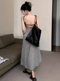 MQTIME  -  Striped Backless Midi Dress for Women A-line High Waist Sling Strapless Long Dress Summer Fashion Sexy Vacation Robe